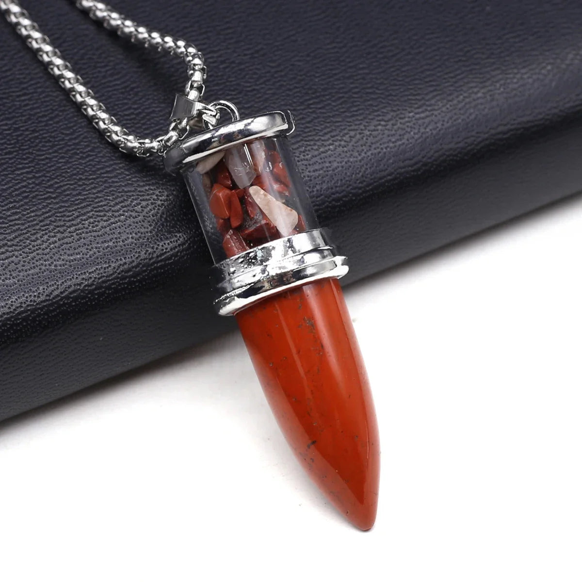 Bullet Shape Natural Stone Crystal Gravel Necklace Pendant - Red Stone - Cosmic Serenity Shop
