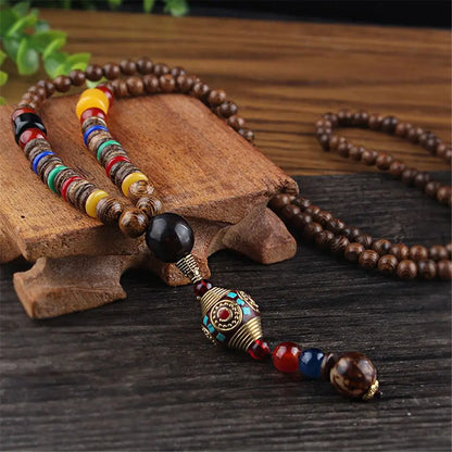 Handmade Ethnic Buddhist Mala Wooden Bead Pendant Necklace - Cosmic Serenity Shop