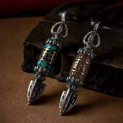 Pure Silver Buddhist Dzi Beads Mantra Vajra Pendant Necklace - Cosmic Serenity Shop