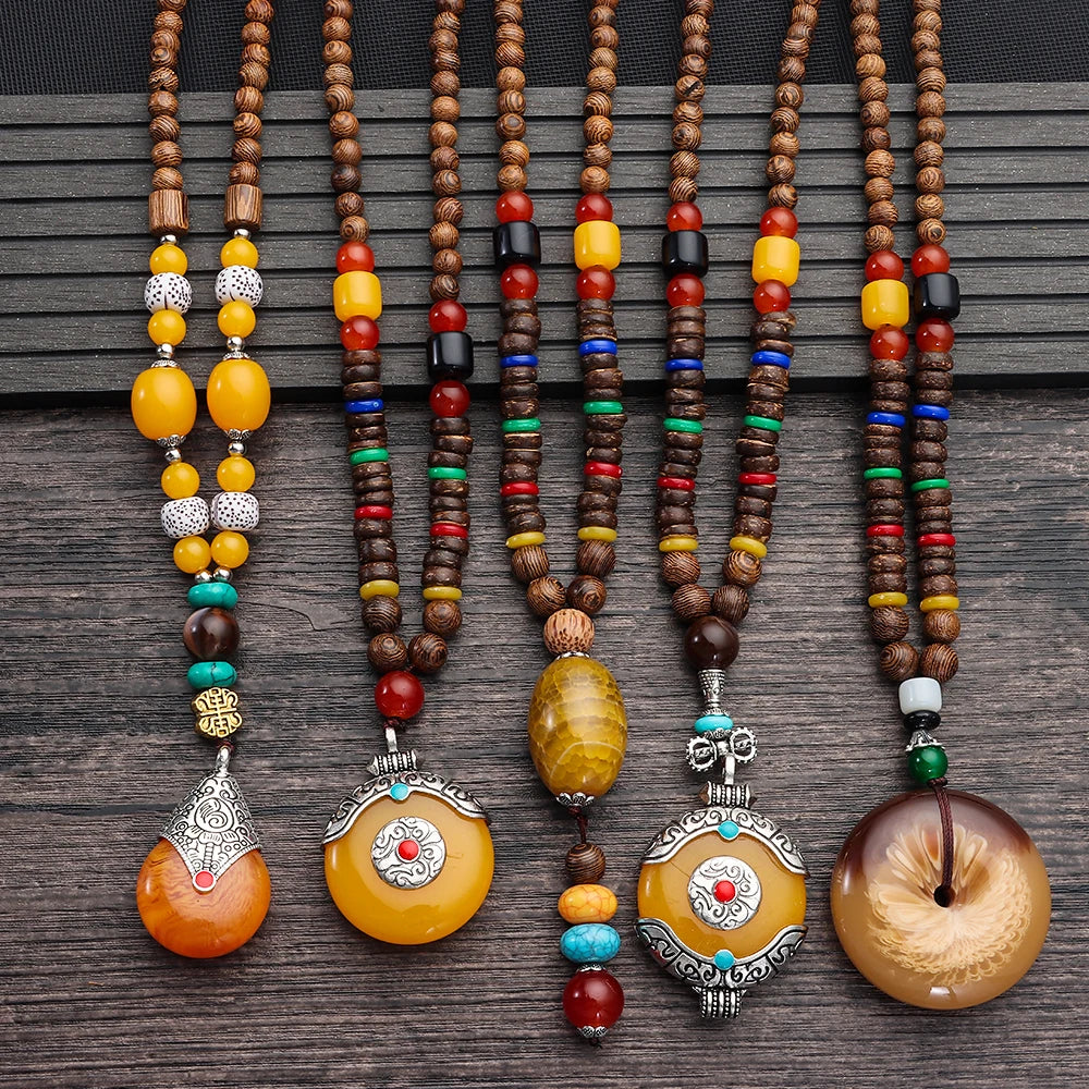 Handmade Ethnic Buddhist Mala Wooden Bead Pendant Necklace - Cosmic Serenity Shop