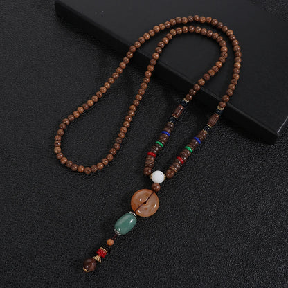 Handmade Ethnic Buddhist Mala Wooden Bead Pendant Necklace - Cosmic Serenity Shop