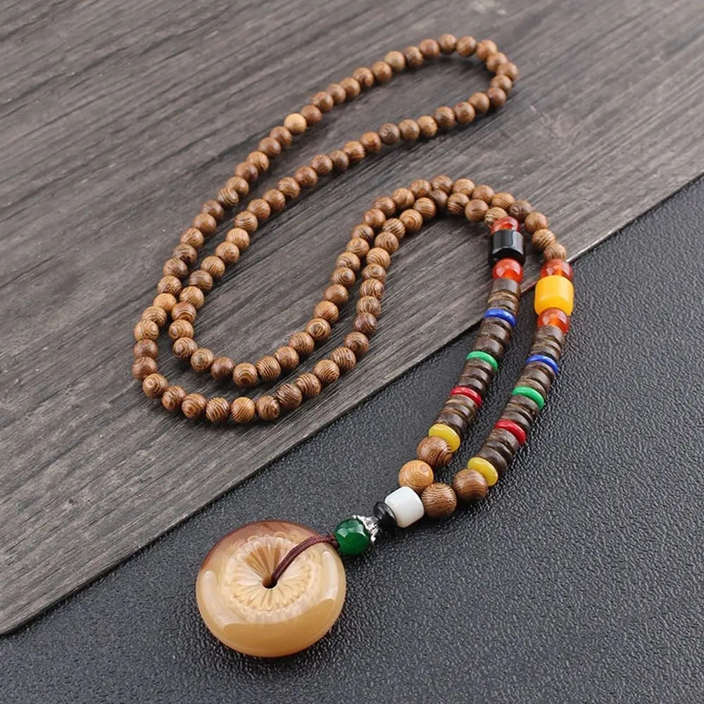 Handmade Ethnic Buddhist Mala Wooden Bead Pendant Necklace - Cosmic Serenity Shop