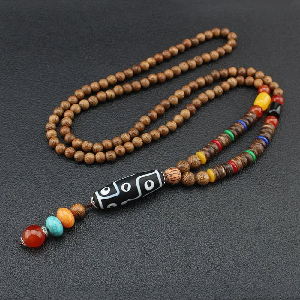 Handmade Ethnic Buddhist Mala Wooden Bead Pendant Necklace - Cosmic Serenity Shop