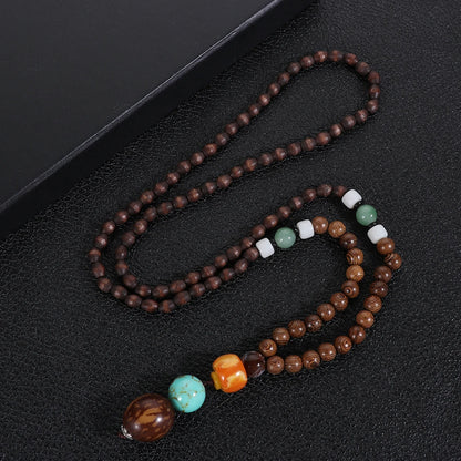 Handmade Ethnic Buddhist Mala Wooden Bead Pendant Necklace - Cosmic Serenity Shop