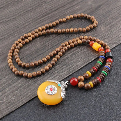 Handmade Ethnic Buddhist Mala Wooden Bead Pendant Necklace - Cosmic Serenity Shop