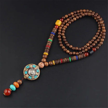 Handmade Ethnic Buddhist Mala Wooden Bead Pendant Necklace - Cosmic Serenity Shop