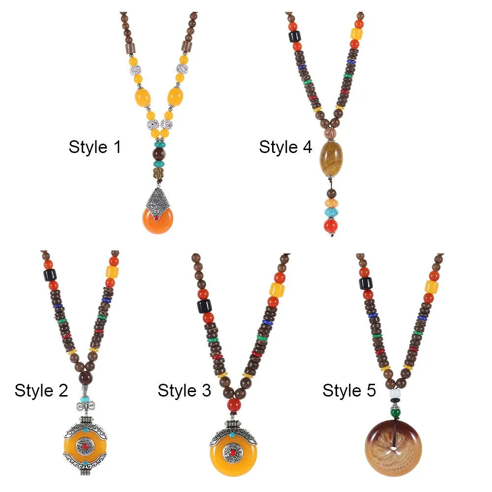 Handmade Ethnic Buddhist Mala Wooden Bead Pendant Necklace - Cosmic Serenity Shop