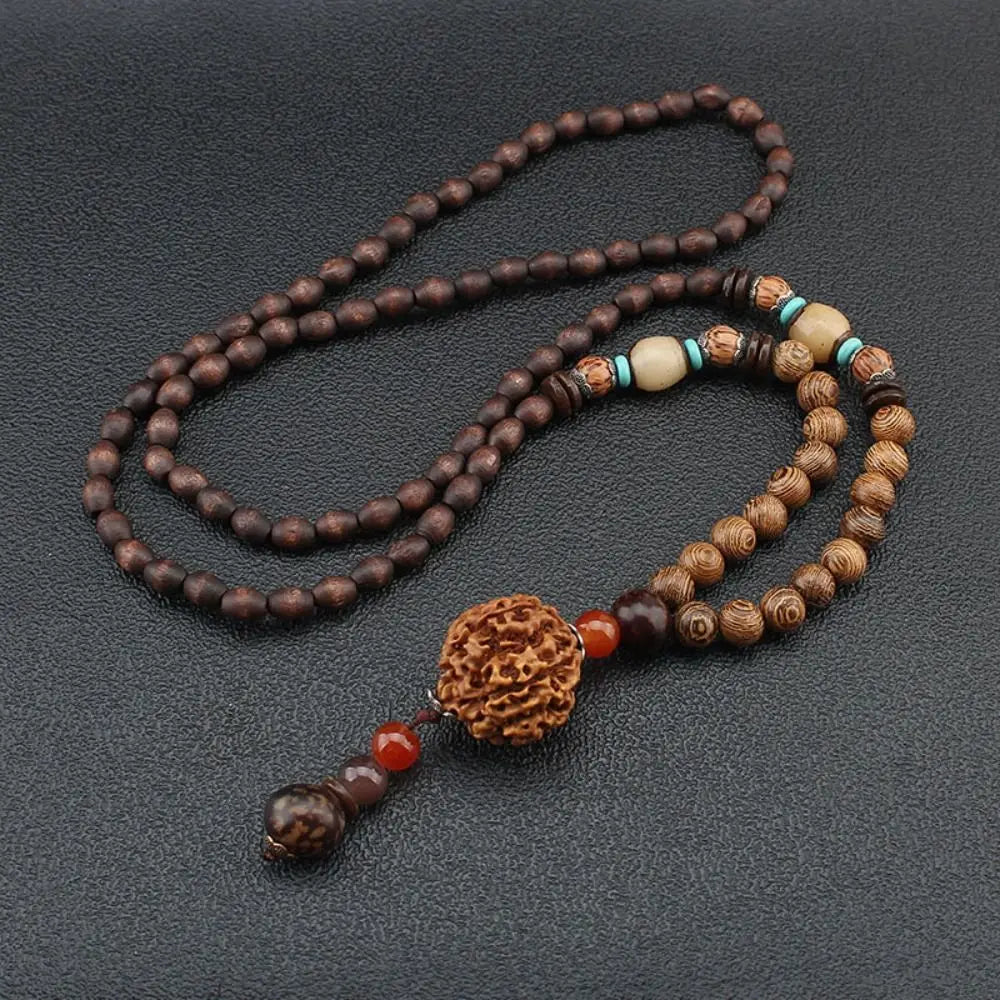 Handmade Ethnic Buddhist Mala Wooden Bead Pendant Necklace - Cosmic Serenity Shop