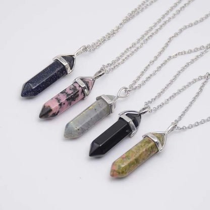 Natural Stone Crystal Hexagonal Point Pendant Necklaces