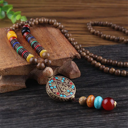 Handmade Ethnic Buddhist Mala Wooden Bead Pendant Necklace - Cosmic Serenity Shop