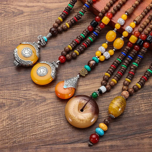 Handmade Ethnic Buddhist Mala Wooden Bead Pendant Necklace - Cosmic Serenity Shop