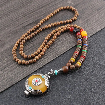 Handmade Ethnic Buddhist Mala Wooden Bead Pendant Necklace - Cosmic Serenity Shop