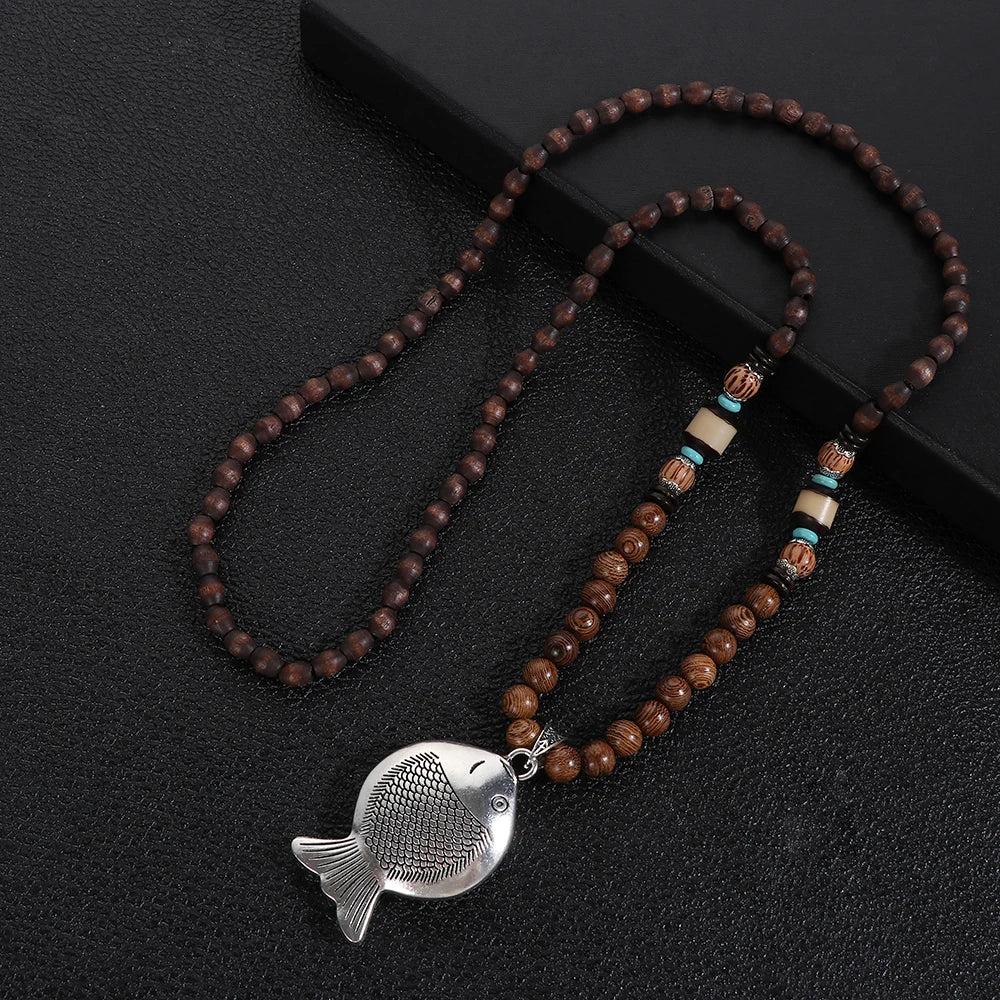 Handmade Ethnic Buddhist Mala Wooden Bead Pendant Necklace - Cosmic Serenity Shop