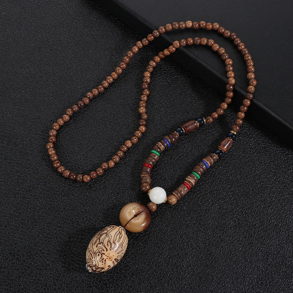 Handmade Ethnic Buddhist Mala Wooden Bead Pendant Necklace - Cosmic Serenity Shop