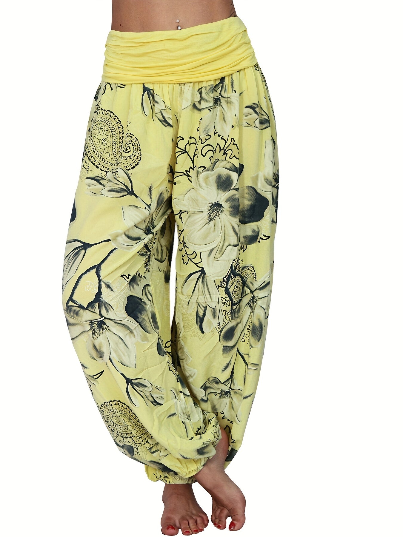 Women's Bohemian Floral Haven Ruched Harem Pants