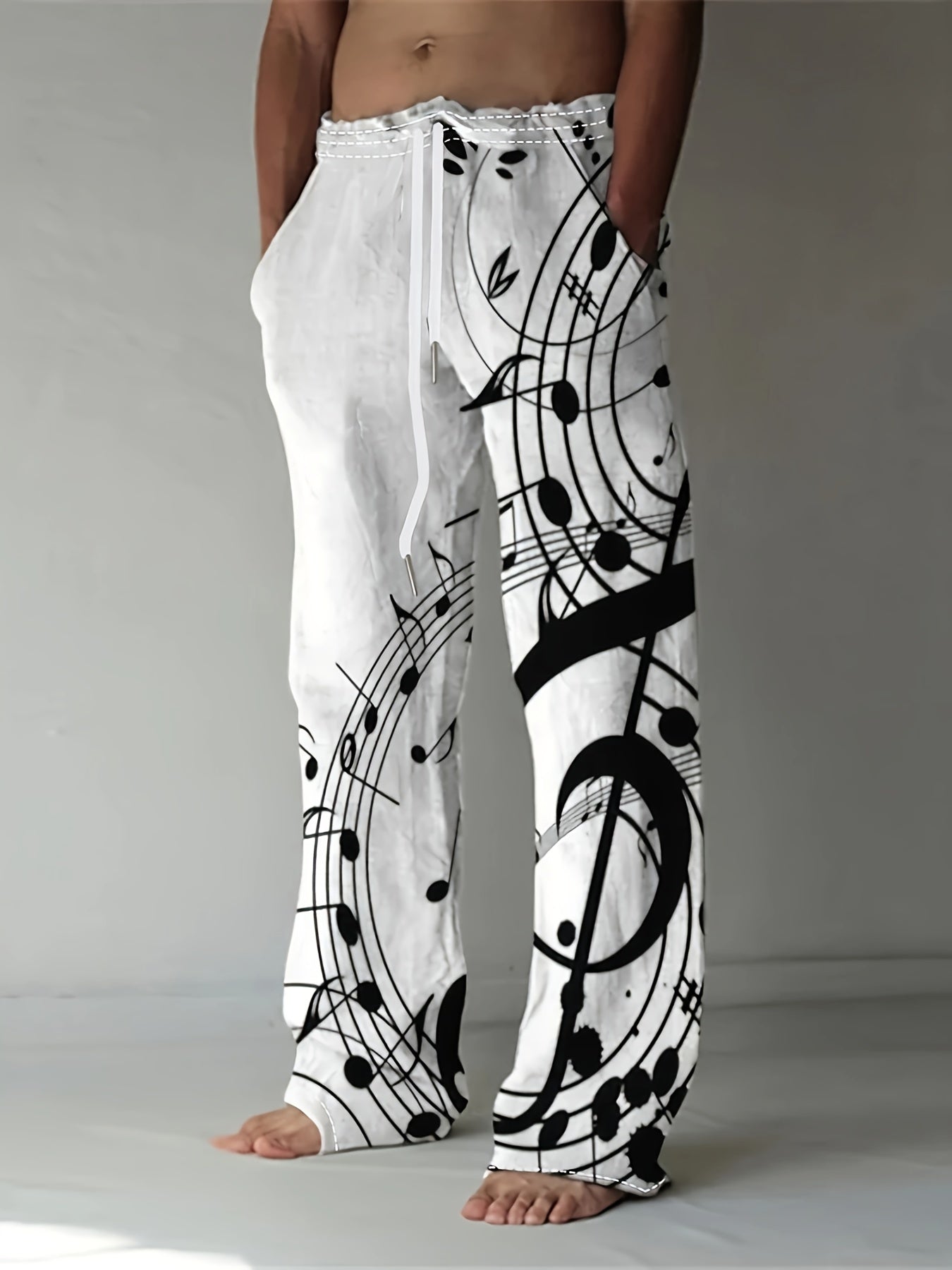 Men's Drawstring Wide Leg Pants, Musical Note Pattern - Cosmic Serenity Shop