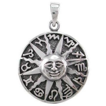 Sterling Silver Sun Face with Zodiac Symbols Pendant - CosmicSerenityShop