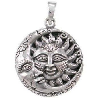 Sterling Silver Crescent Moon and Sun Faces Pendant - CosmicSerenityShop