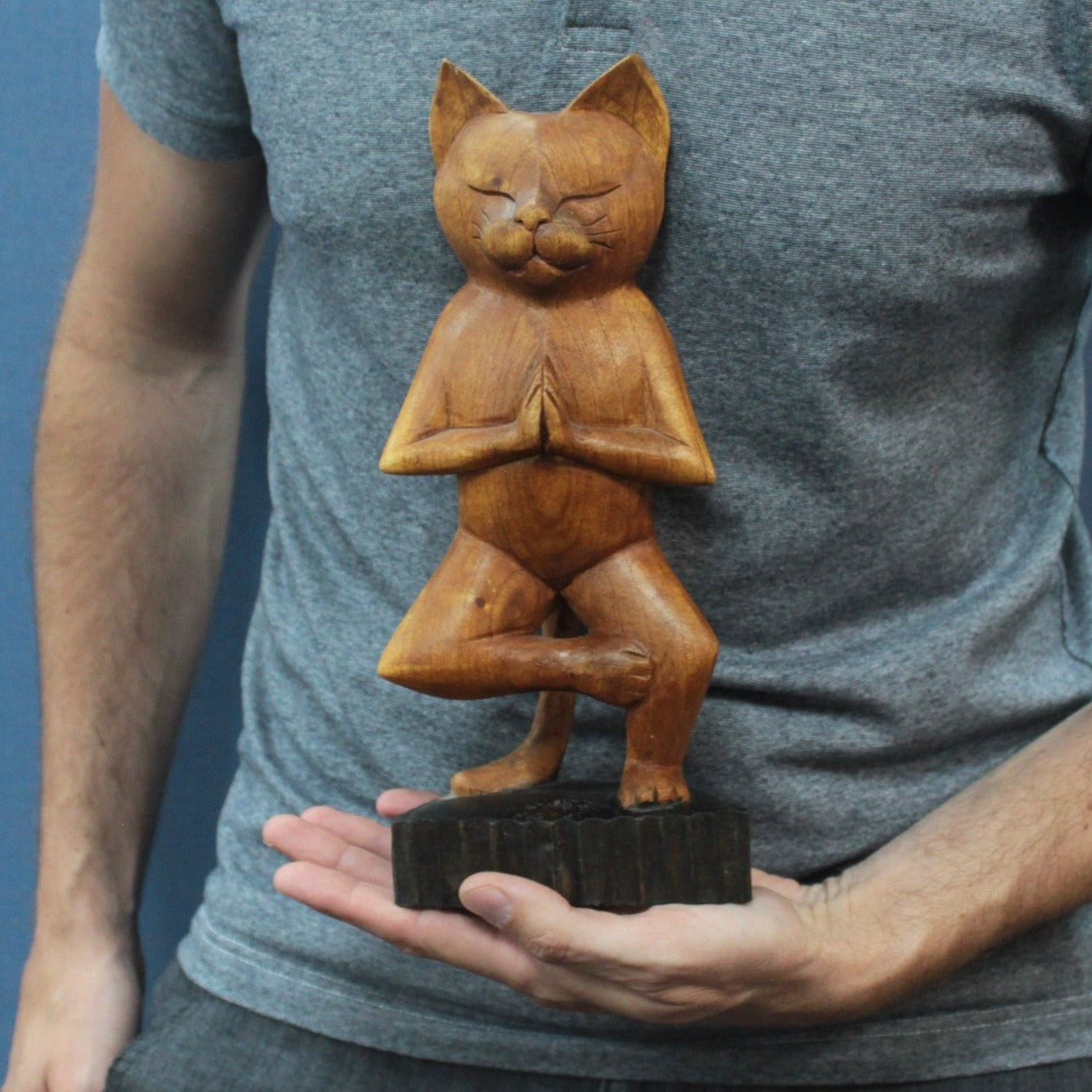 Hand Carved Yoga Cat - One Leg - Cosmic Serenity Shop