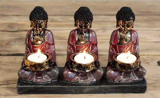 Antique Buddha Three Devotees Candle Holder, Cosmic Serenity Shop