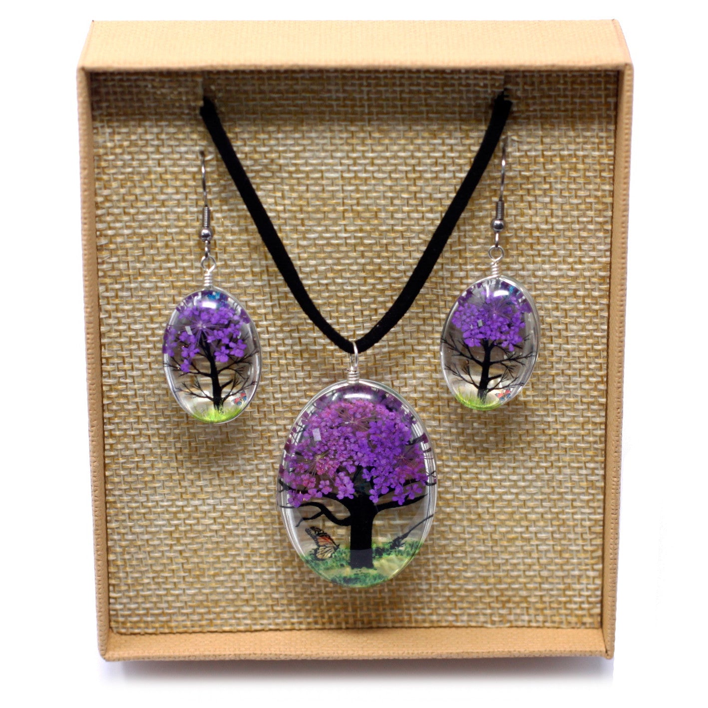 Pressed Flowers Jewelry - Tree of Life Set - Lavender