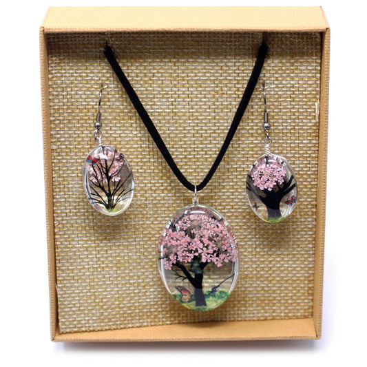 Pressed Flowers Jewelry - Tree of Life Set- Pink
