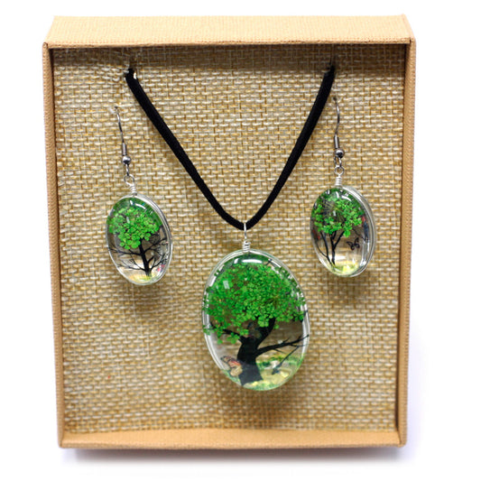 Pressed Flowers Jewelry - Tree of Life Set- Green