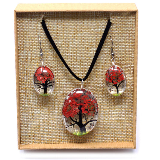 Pressed Flowers Jewelry - Tree of Life Set - Coral