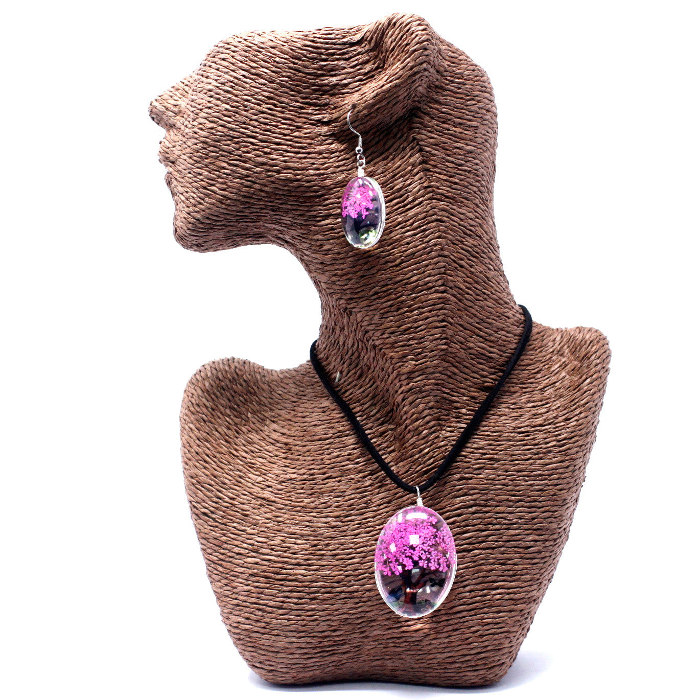 Pressed Flowers Jewelry - Tree of Life Set - Bright Pink