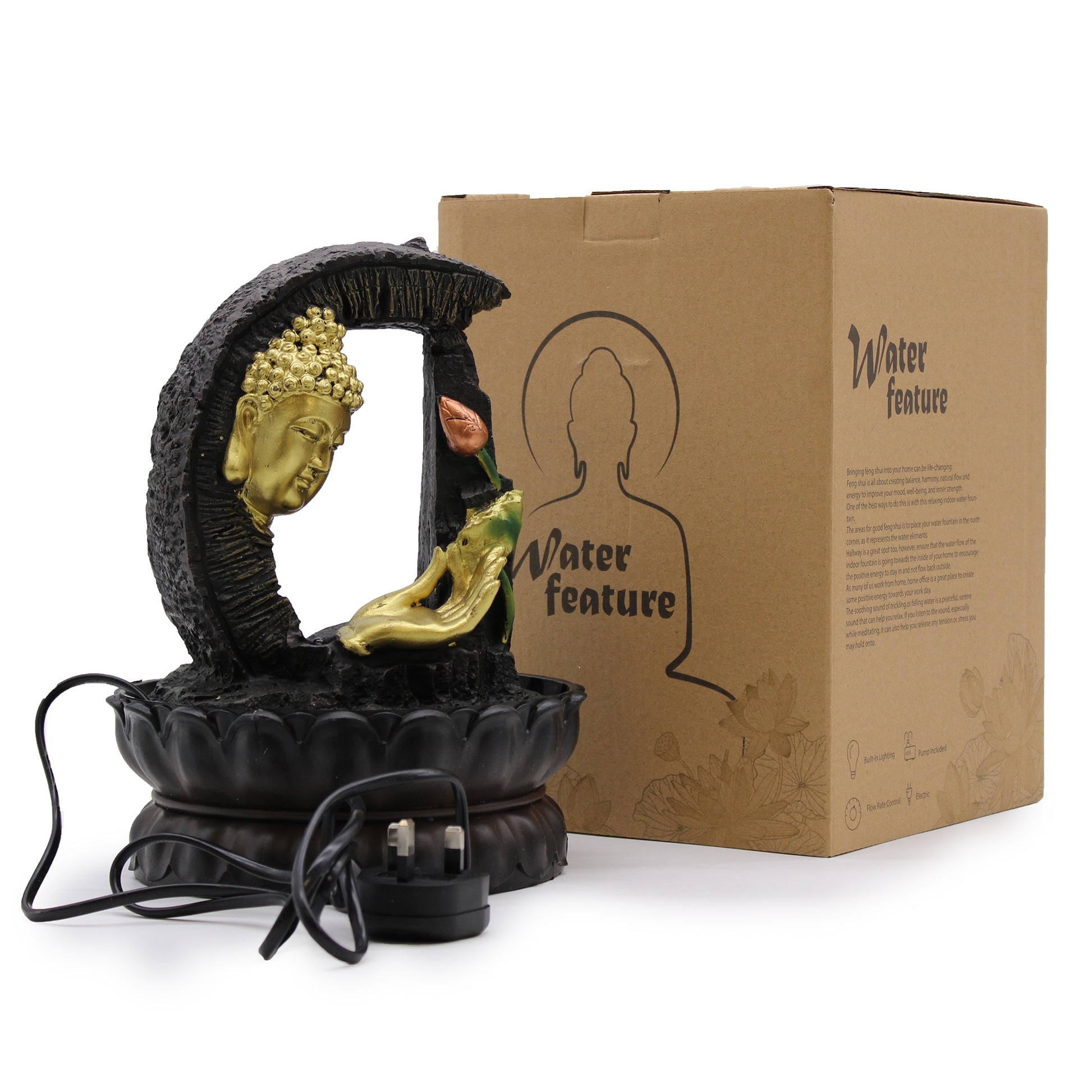 Golden Buddha & Lotus Tabletop Water Fountain, Cosmic Serenity Shop