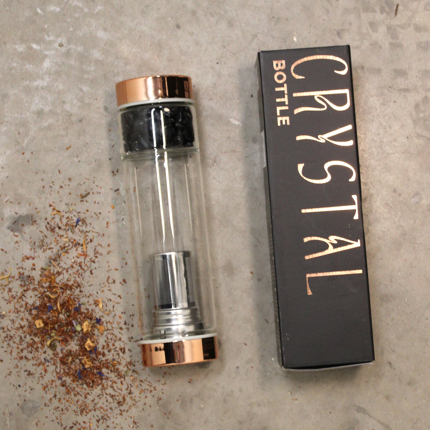Crystal Glass Tea Infuser Bottle - Rose Gold - Rock Quartz