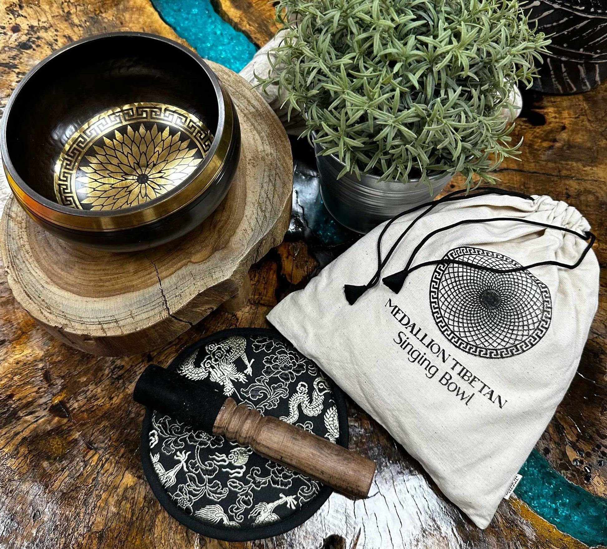 Hand Beaten & Engraved Singing Bowl Gift Set - Round Mandalas - Cosmic Serenity Shop