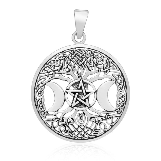 925 Sterling Silver Triple Moon Goddess Pendant with Yggdrasil - Cosmic Serenity Shop