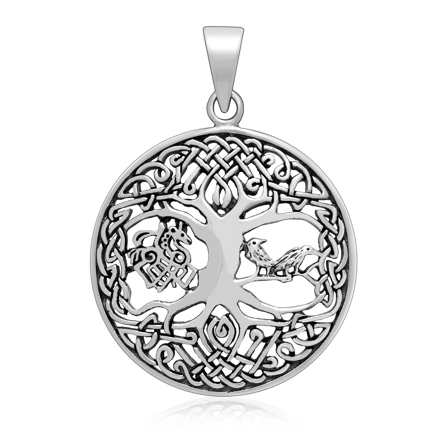 Sterling Silver Yggdrasil Pendant with Raven and Sleipnir - Cosmic Serenity Shop