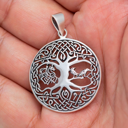 Sterling Silver Yggdrasil Pendant with Raven and Sleipnir - SilverMania925