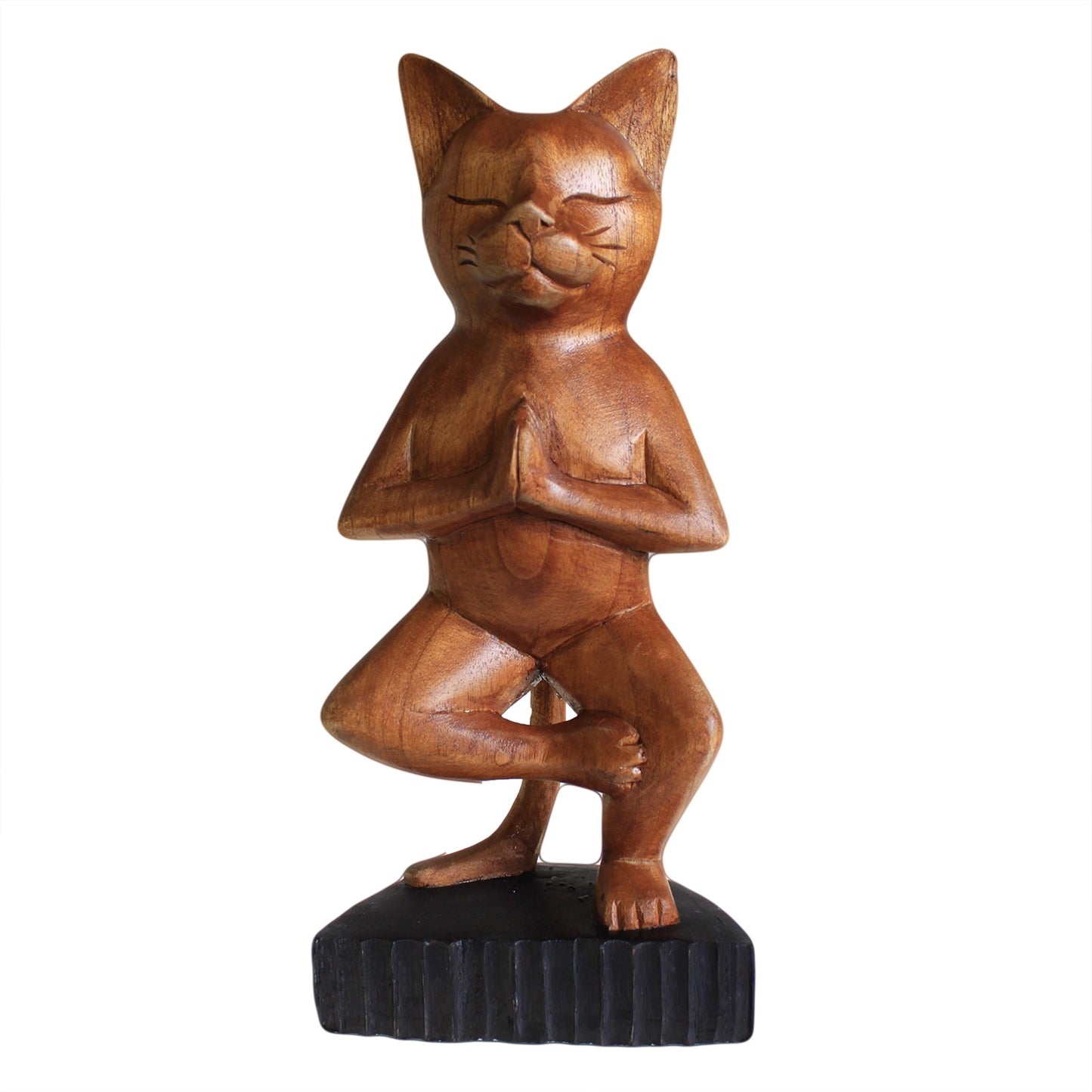 Hand Carved Yoga Cat - One Leg - Cosmic Serenity Shop