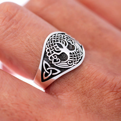 925 Sterling Silver Yggdrasil with Triquetra Pagan Ring - Cosmic Serenity Shop