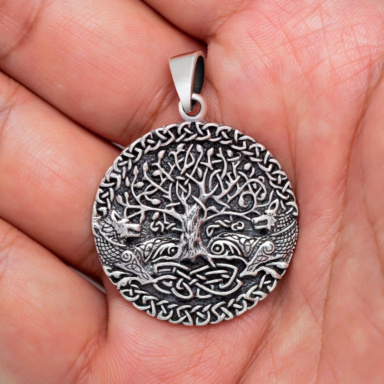 925 Sterling Silver Viking Yggdrasil Pendant with Fenrir - Cosmic Serenity Shop