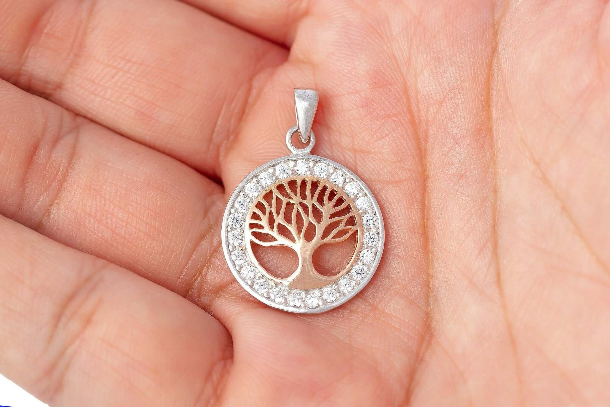 925 Sterling Silver Charm with Rose Gold Viking Yggdrasil and Cubic Zirconia - Cosmic Serenity Shop