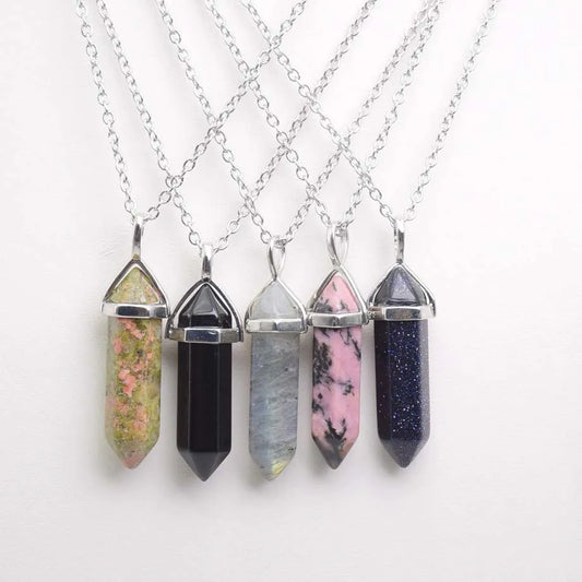 Natural Stone Crystal Hexagonal Point Pendant Necklaces